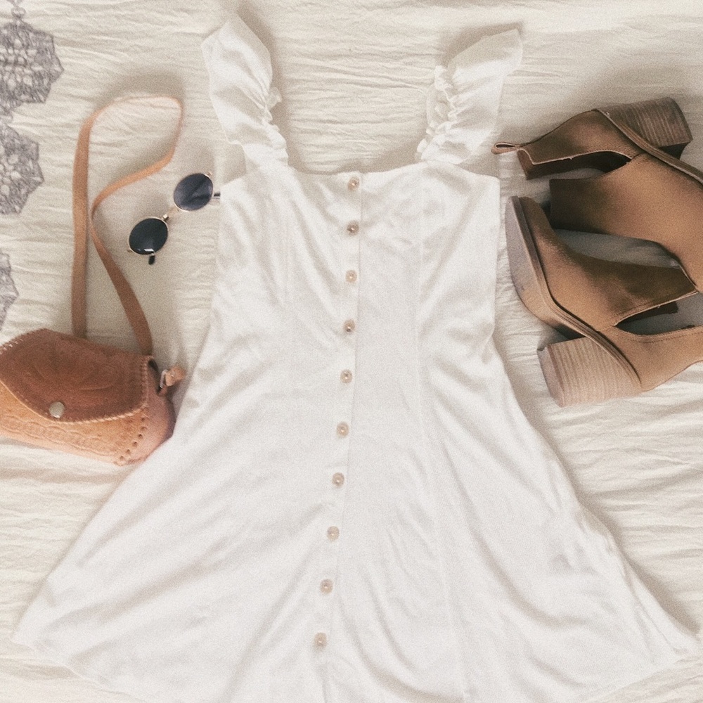 White Button Down Ribbed Flounce Dress